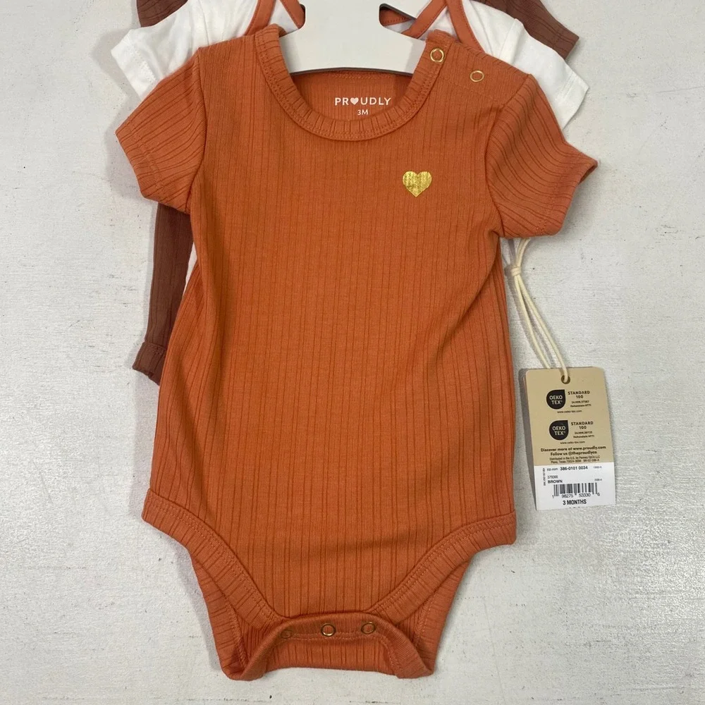 Proudly Baby 3 Pack Bodysuits 3M Rust Brown White Lion Heart NWT OEKO-TEX